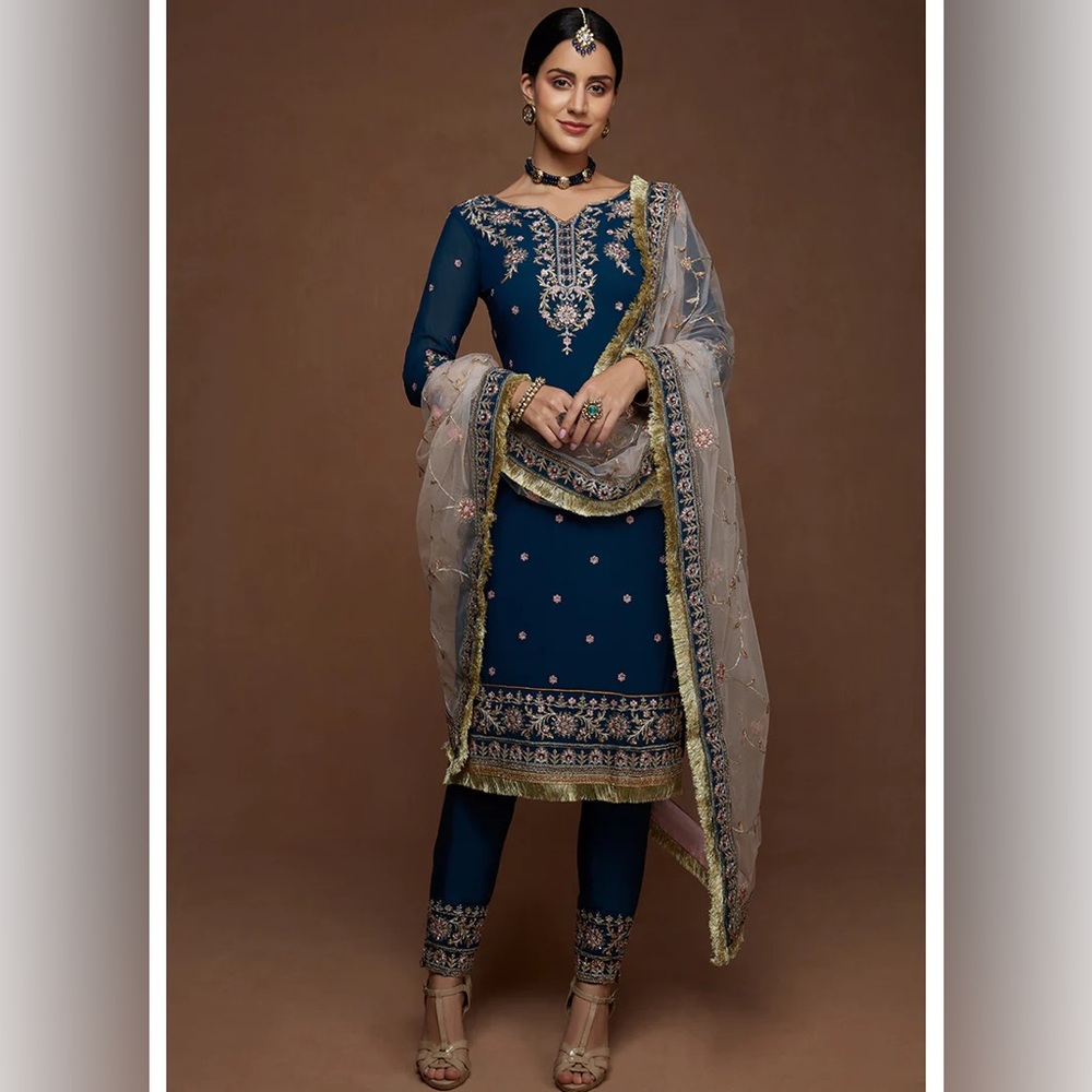 Lashkaraa Blue and Pink Embroidered Straight Suit